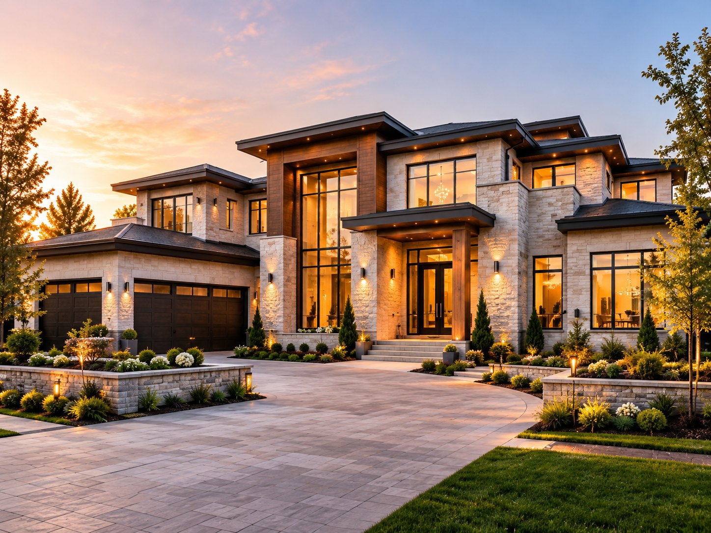 A two storey estate home in pale stone with wood accents, lit at dusk