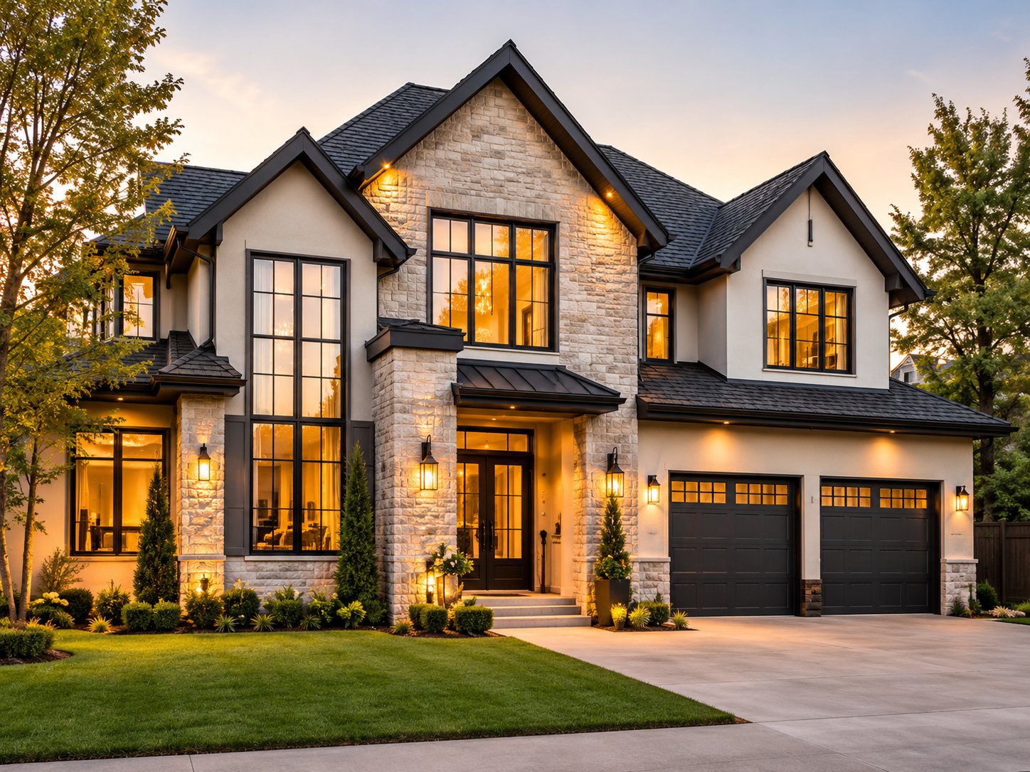 A gabled two storey family home in stone and stucco with a double garage, lit at dusk